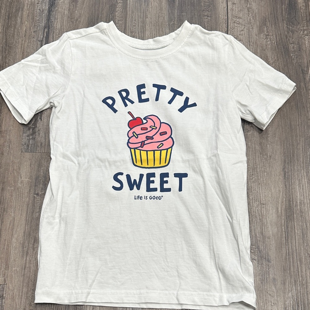 Life Is Good White Kids Tee with Pink Cupcake Graphic
